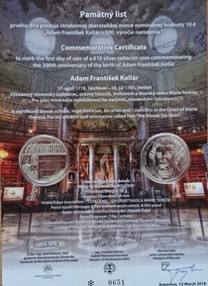 PAMÄTNÝ LIST - ADAM FRANTIŠEK KOLLÁR 2018