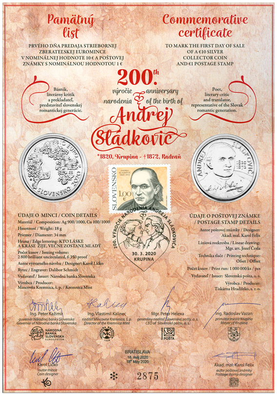 Pamätný list 10€_2020 - Andrej Sládkovič NUMIZMATICKÝ PAMÄTNÝ LIST 10€/2020 - ANDREJ SLÁDKOVIČ