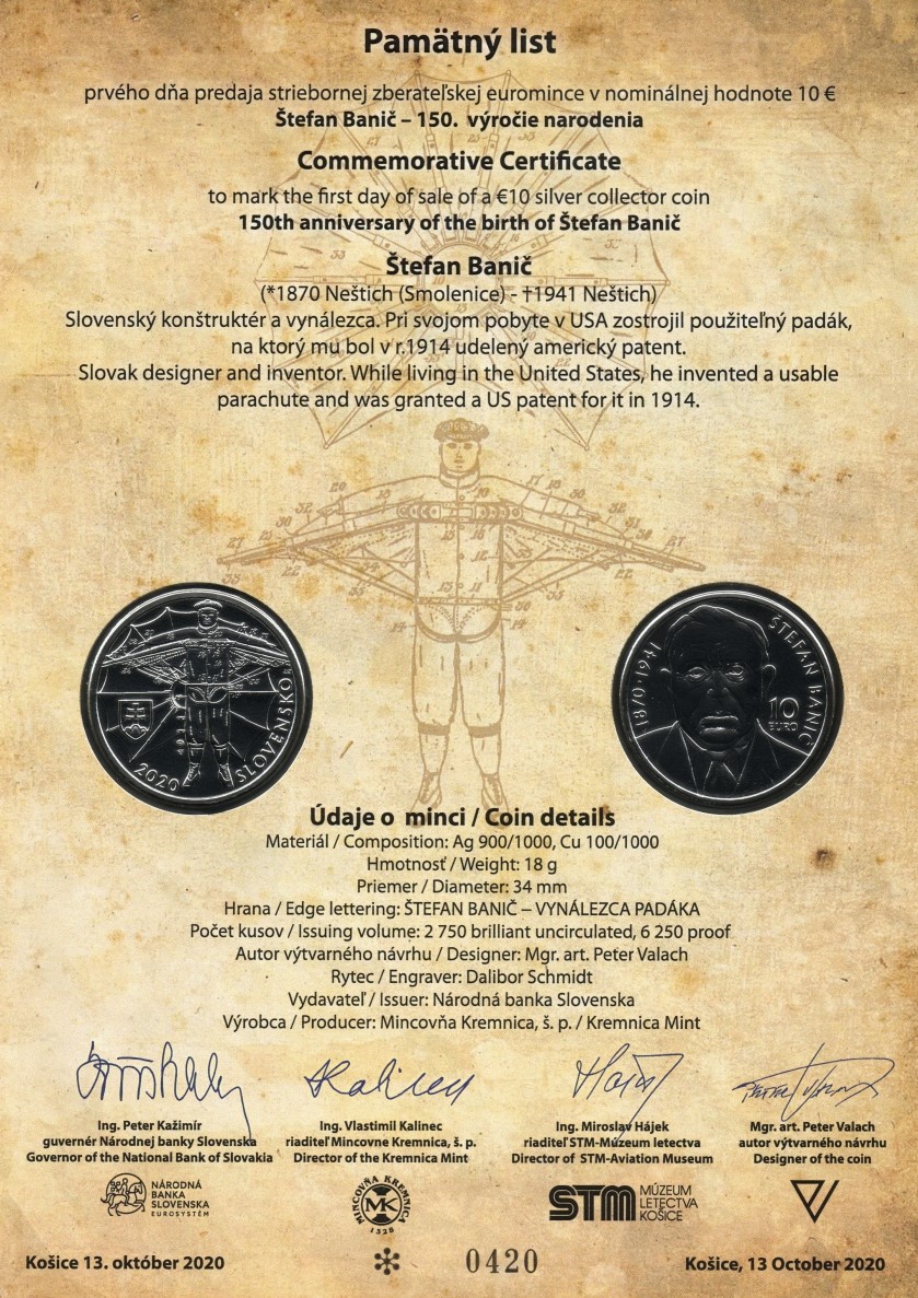 Pamätný list 10€_2020 - Štefan Banič - 150. výročie narodenia NUMIZMATICKÝ PAMÄTNÝ LIST 10€/2020 - ŠTEFAN BANIČ