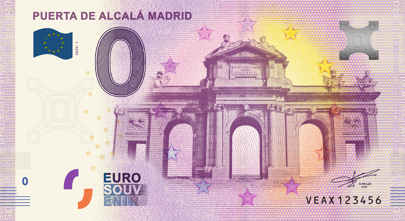 zero-euro-Puerta-de-Alcalá-Madrid-2020-1-0-euro-souvenir-banknotes