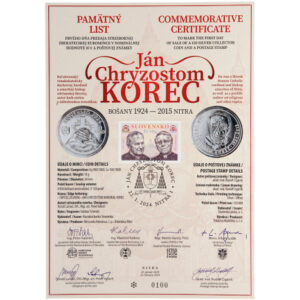 PAMÄTNÝ LIST 10€ / 2024 - JÁN CHRYZOSTOM KOREC - 100. výročie narodenia