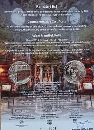 2018-slovensko-10-euro-kollar-pamaetny-list PAMÄTNÝ LIST – ADAM FRANTIŠEK KOLLÁR 2018