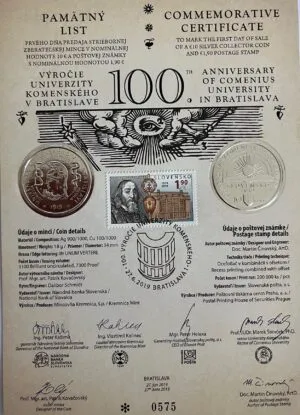 Pamätný list 10 EURO/2019 – Univerzita Komenského v Bratislave – 100. výročie vzniku
