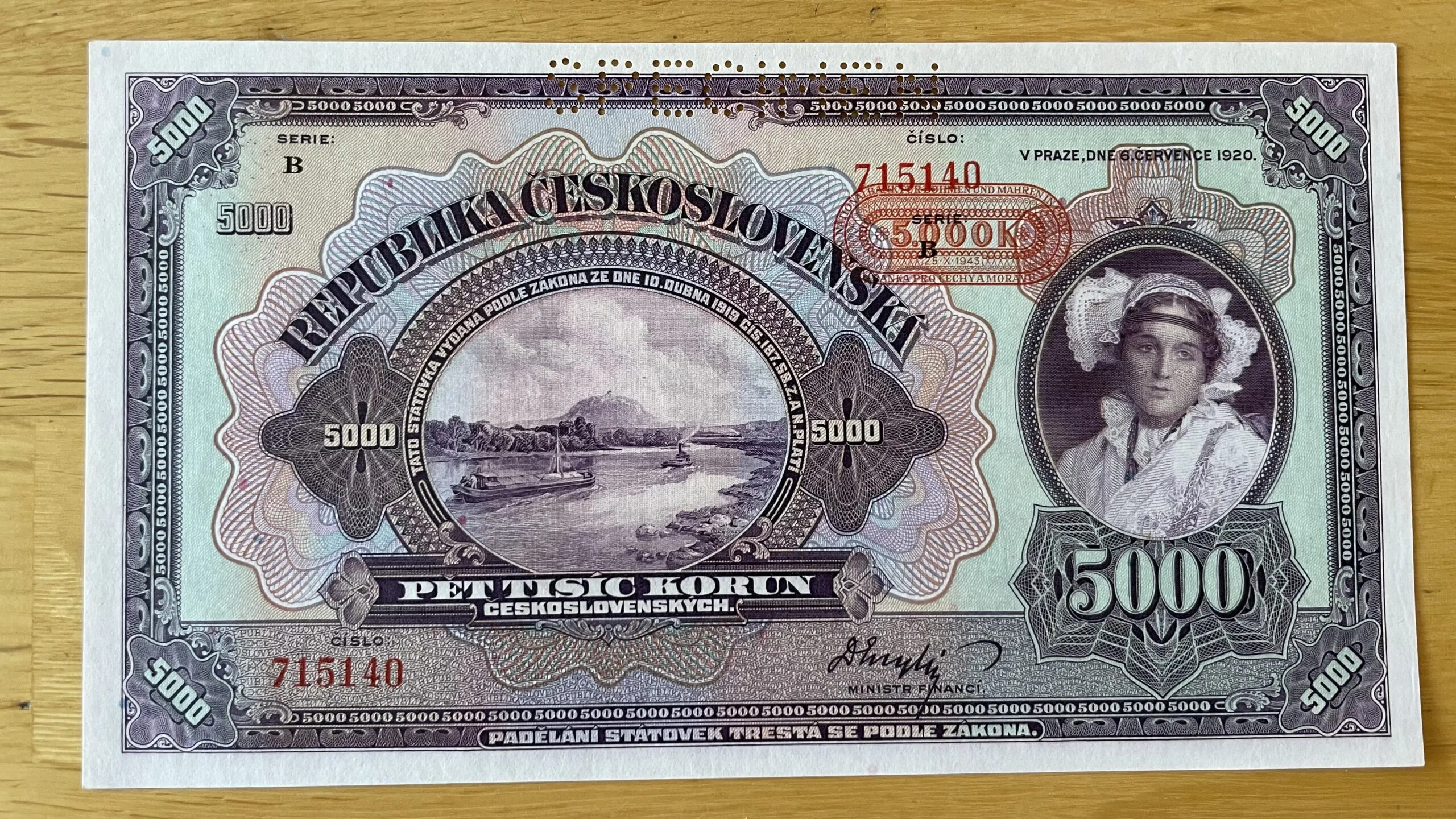 Bankovka 5000 korún 1920 – Protektorát Čechy a Morava, séria B