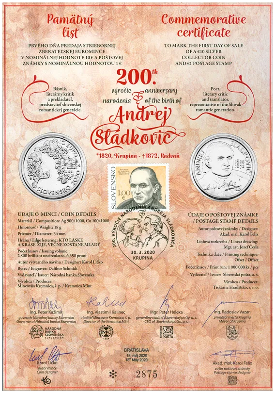 NUMIZMATICKÝ PAMÄTNÝ LIST 10€/2020 - ANDREJ SLÁDKOVIČ