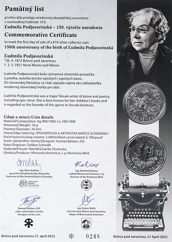 NUMIZMATICKÝ PAMÄTNÝ LIST 10€/2022 - ĽUDMILA PODJAVORINSKÁ
