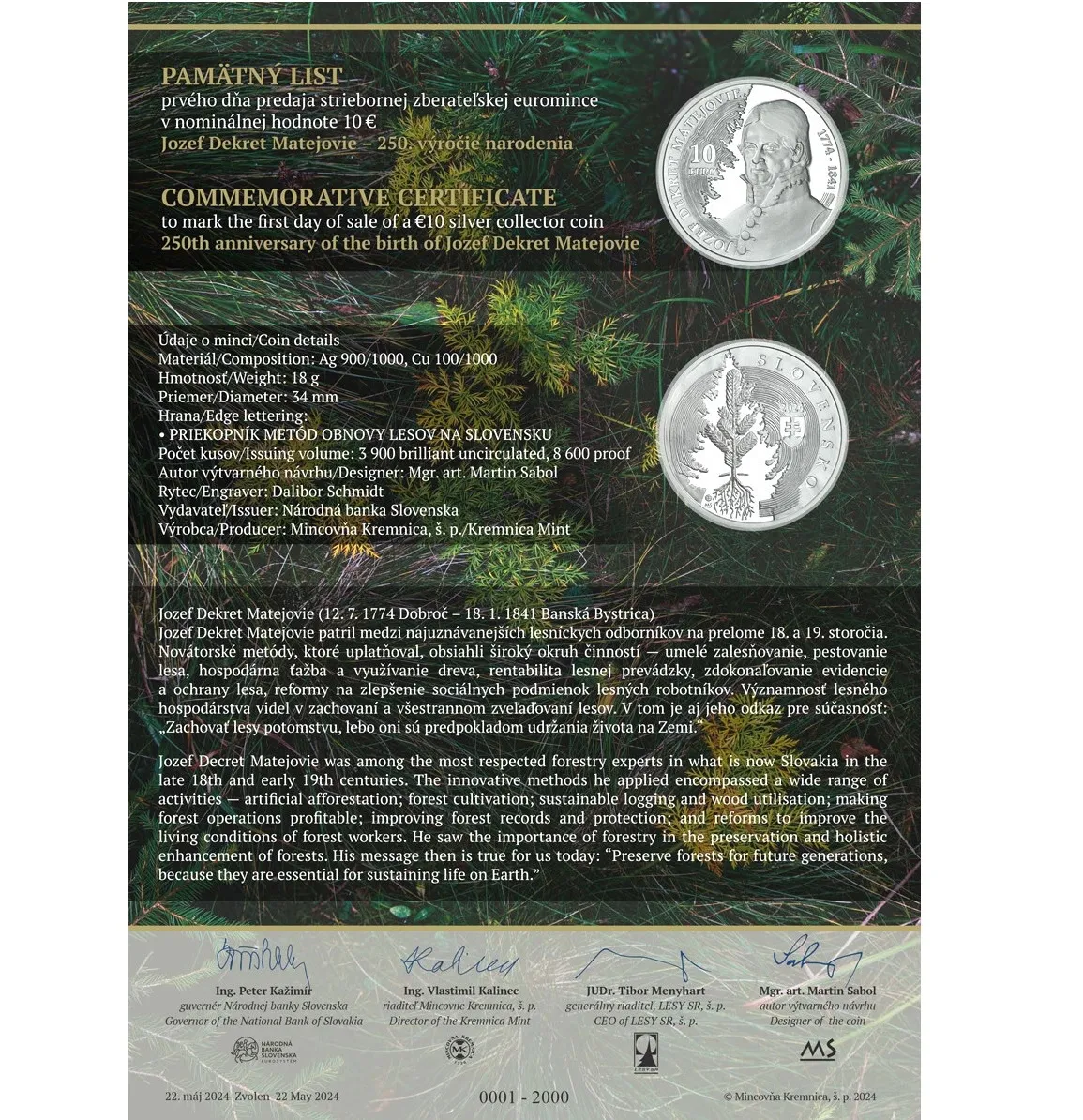 pam list PAMÄTNÝ LIST 10 € / 2024 – JOZEF DEKRET MATEJOVIE