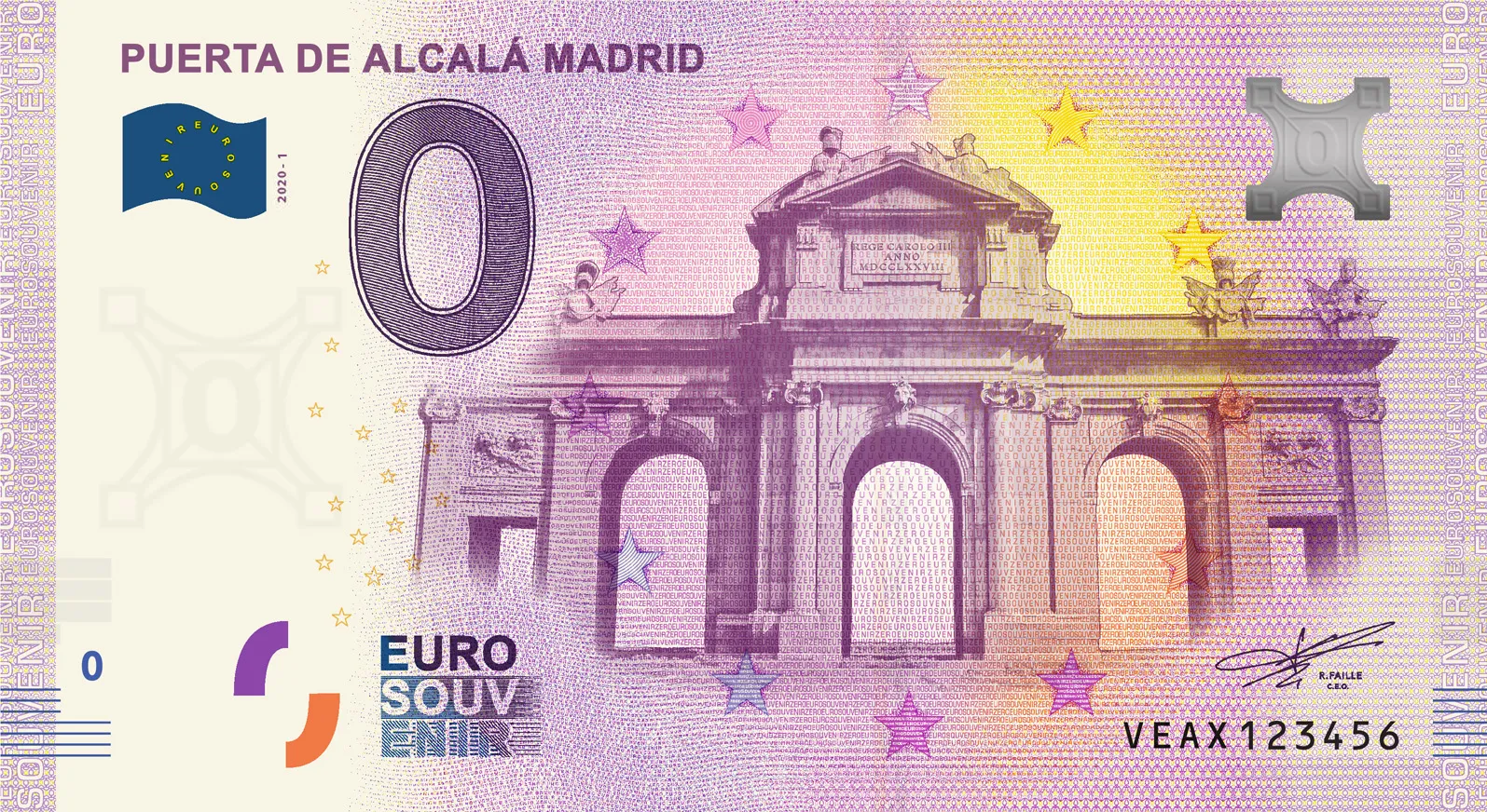 zero-euro-Puerta-de-Alcalá-Madrid-2020-1-0-euro-souvenir-banknotes PUERTA DE ALCALÁ MADRID 2020-1