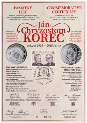 PAMÄTNÝ LIST 10€ / 2024 – JÁN CHRYZOSTOM KOREC – 100. výročie narodenia