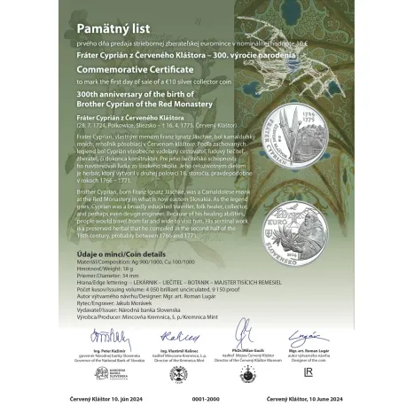 pamatny-list-frater-cyprian-web PAMÄTNÝ LIST 10€ / 2024 – FRÁTER CYPRIÁN Z ČERVENÉHO KLÁŠTORA – 300.výročie narodenia