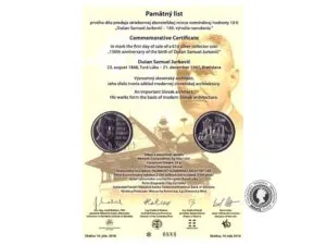 Pamätný list  - prvého dňa predaja striebornej zberateľskej mince (10 €) "Dušan Samuel Jurkovič - 150. výročie narodenia"