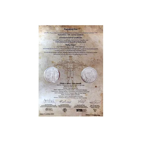 400114 Pamätný list – prvého dňa predaja striebornej zberateľskej euromince 10 € – Štefan Banič – 150. výročie narodenia