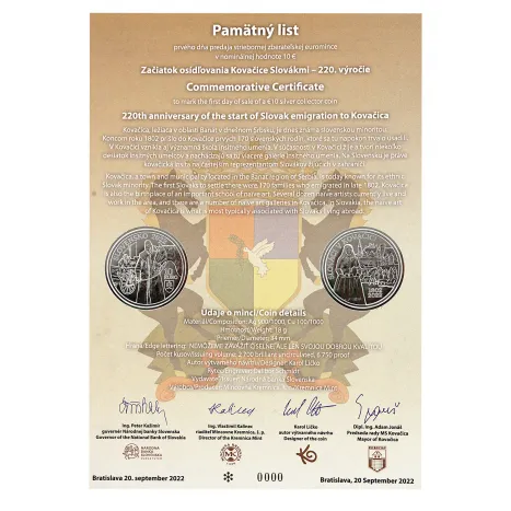 pamatny-list-20e-kovacice-web PAMÄTNÝ LIST 10€ / 2022 – začiatok osídľovania Kovačice Slovákmi – 220. výročie
